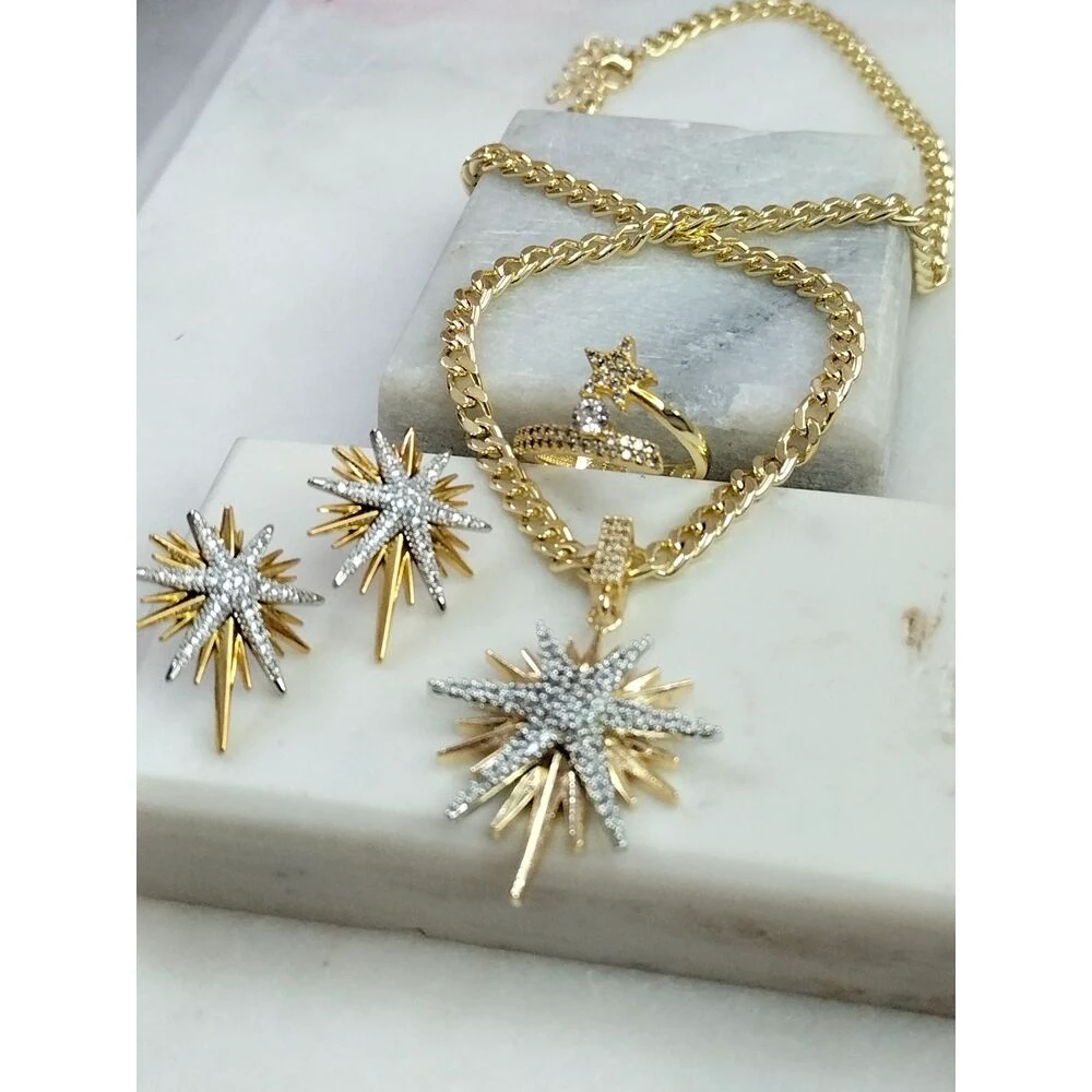 Gold Silver Zirkon Taşlı Kuzey Yıldızı Kolye Küpe Yüzük Takım image