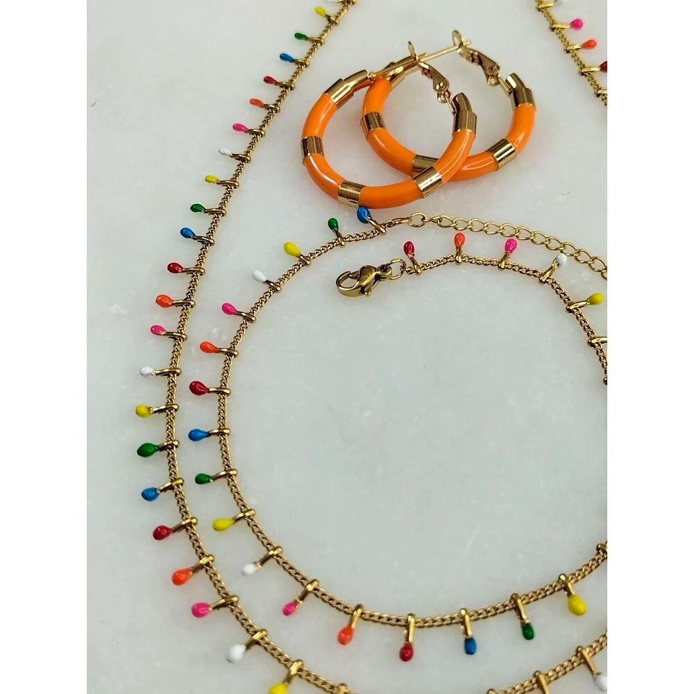 Gold Çelik Renkli Kolye Küpe Halhal Takım