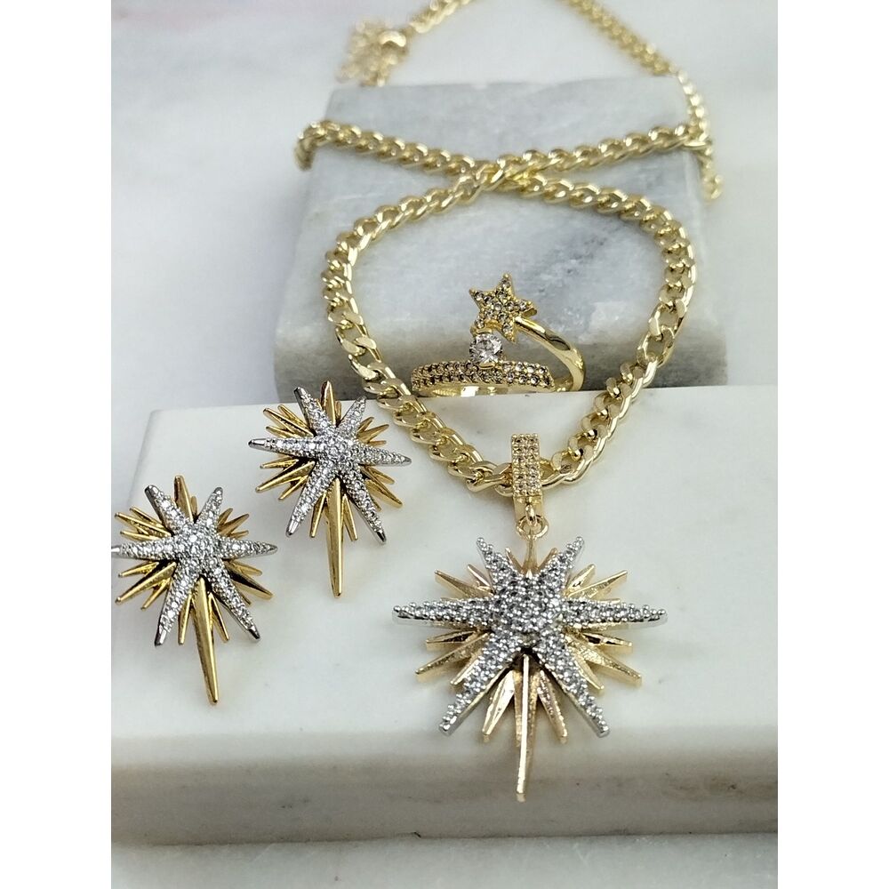 Gold Silver Zirkon Taşlı Kuzey Yıldızı Kolye Küpe Yüzük Takım