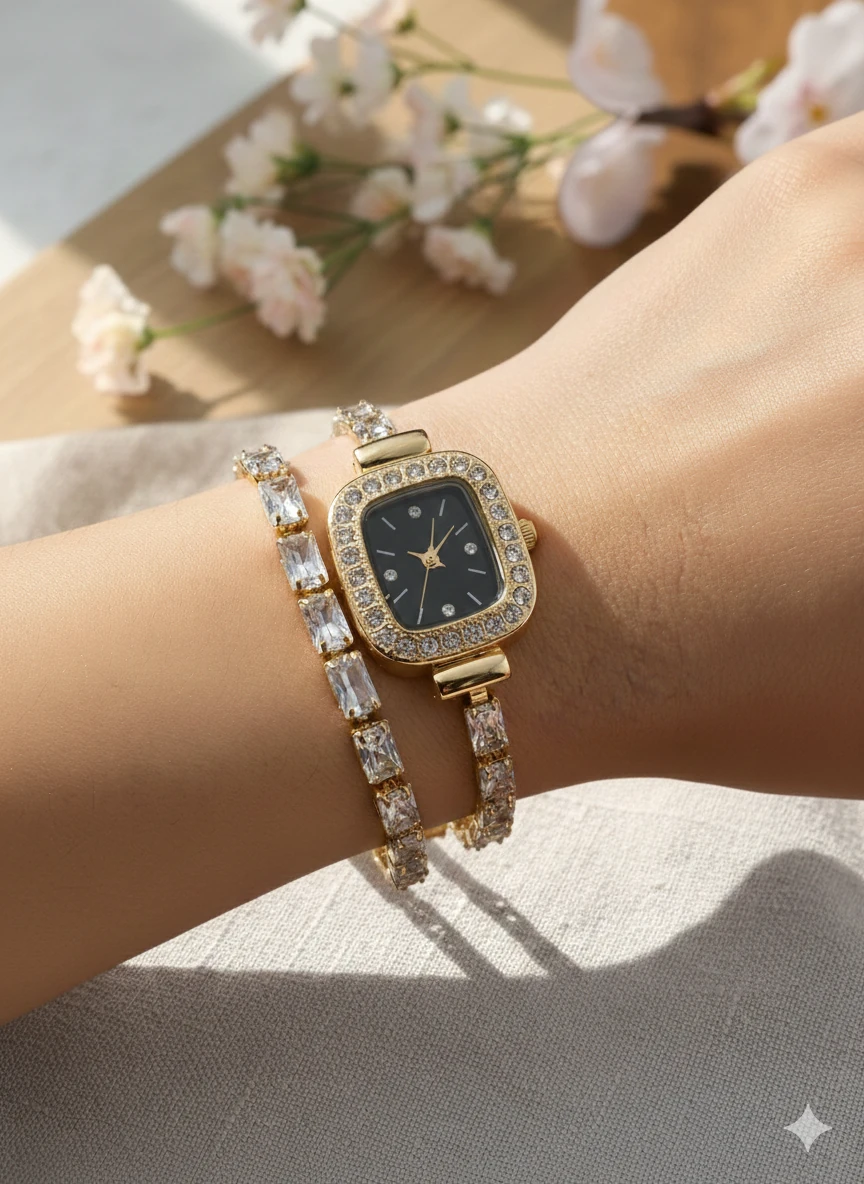 Gold Savaroski Taşlı Dolamalı Bileklikli Saat 