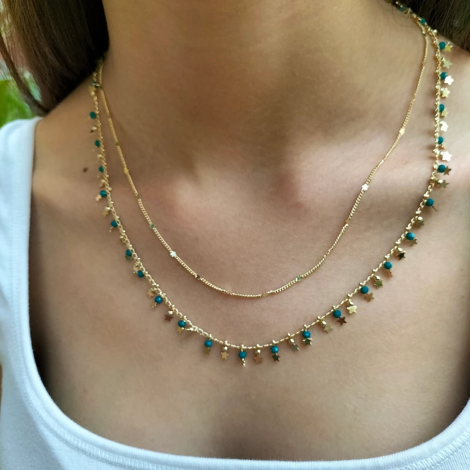 Gold Zümrüt Kristal Taşlı Yıldızlı Çift Sıra Kolye