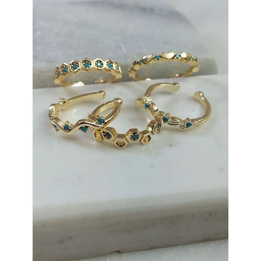 Gold Mavi Mineli Beşli Yüzük Kombin