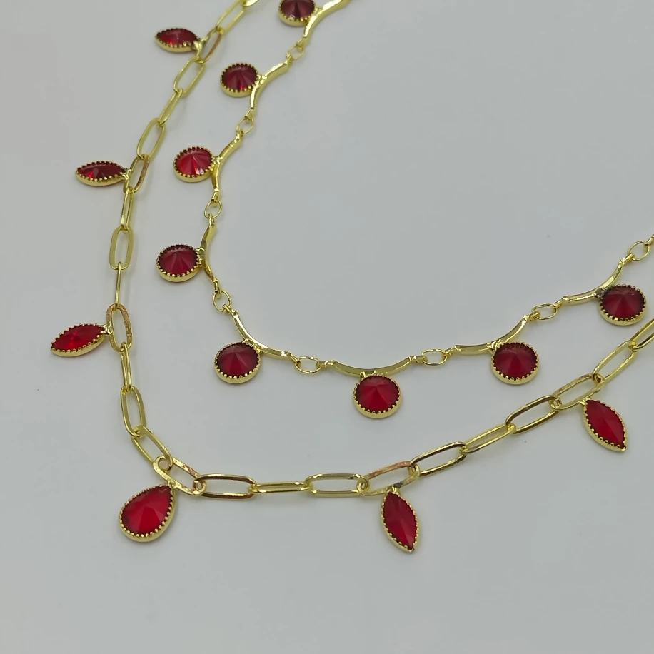 Gold Kırmızı Kristal Taşlı Tek Kilitte Çift Sıra Kolye