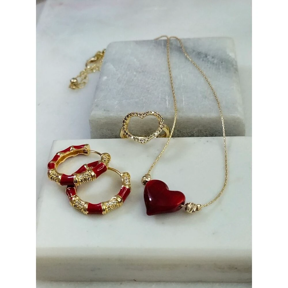Gold Kırmızı Kalp Kolye Küpe Yüzük Takım