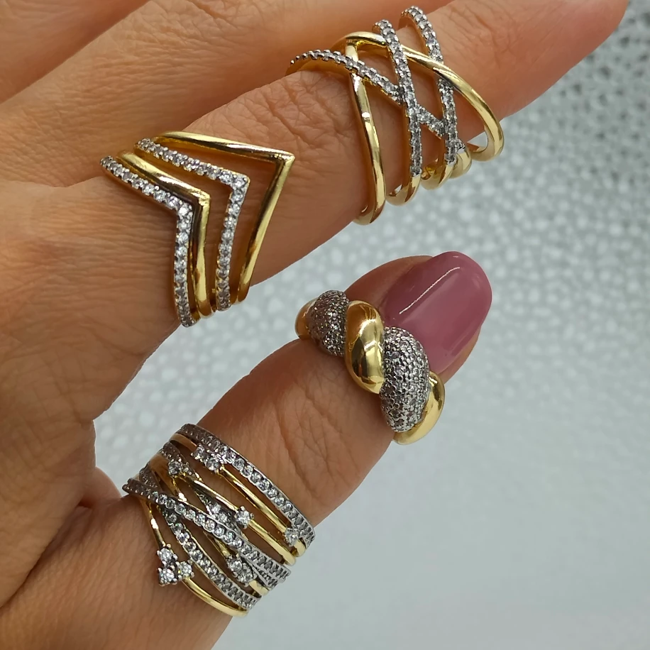 Gold Silver Zirkon Taşlı Çoklu Görünümlü Yüzük