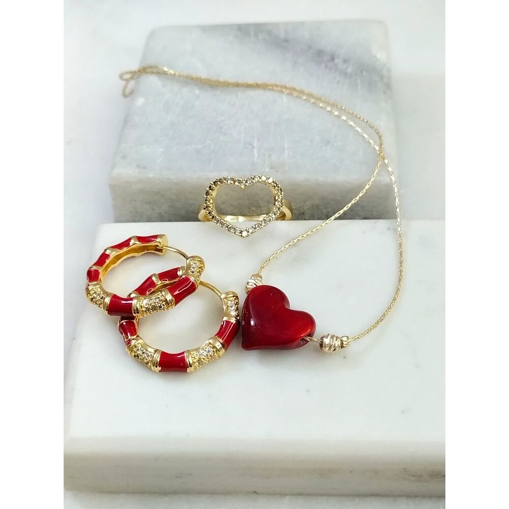 Gold Kırmızı Kalp Kolye Küpe Yüzük Takım image