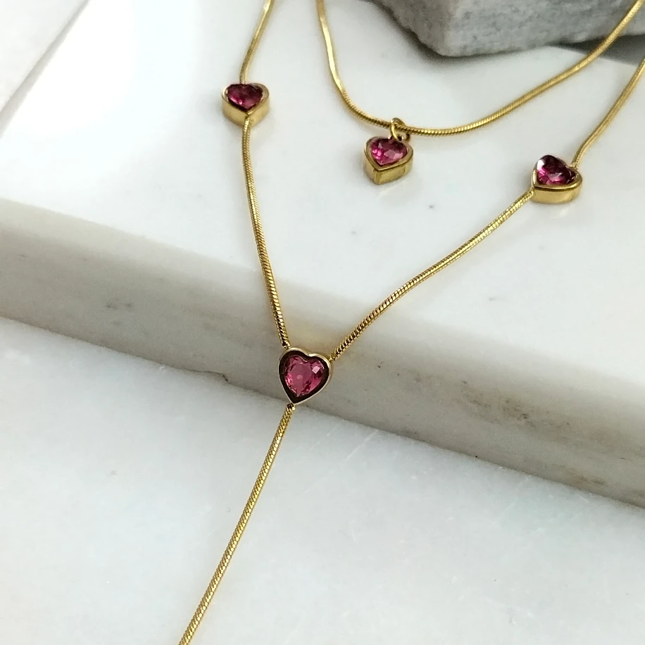 Gold Çelik Kristal Taşlı Çift Sıra Kolye