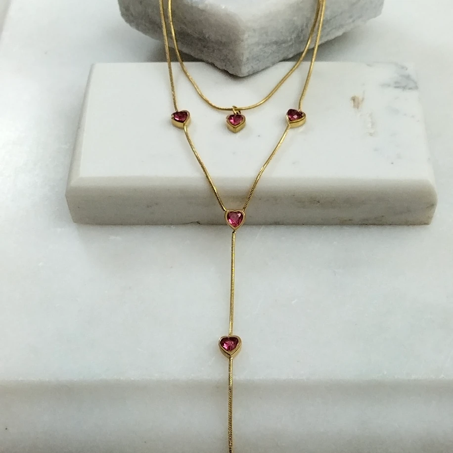 Gold Çelik Kristal Taşlı Çift Sıra Kolye