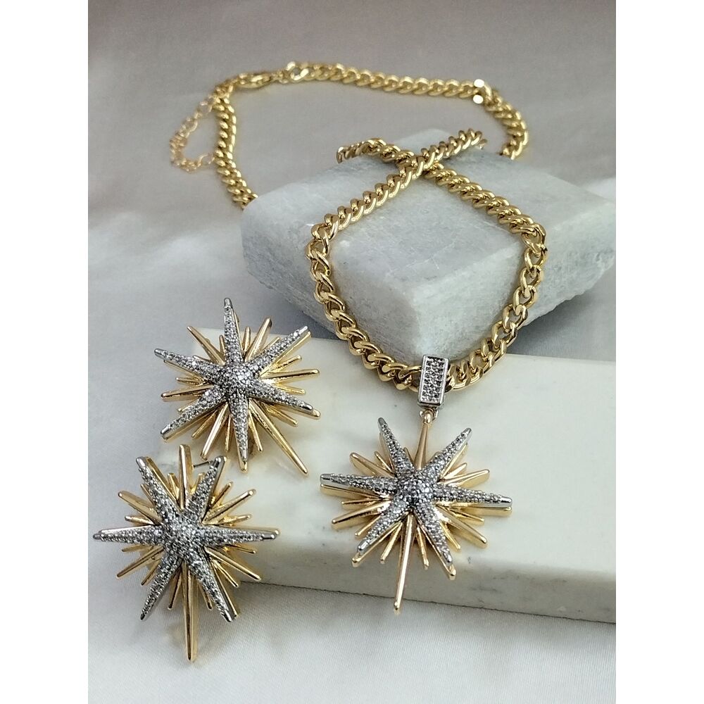 Gold Silver Zirkon Taşlı Kuzey Yıldızı Kolye Küpe Takım