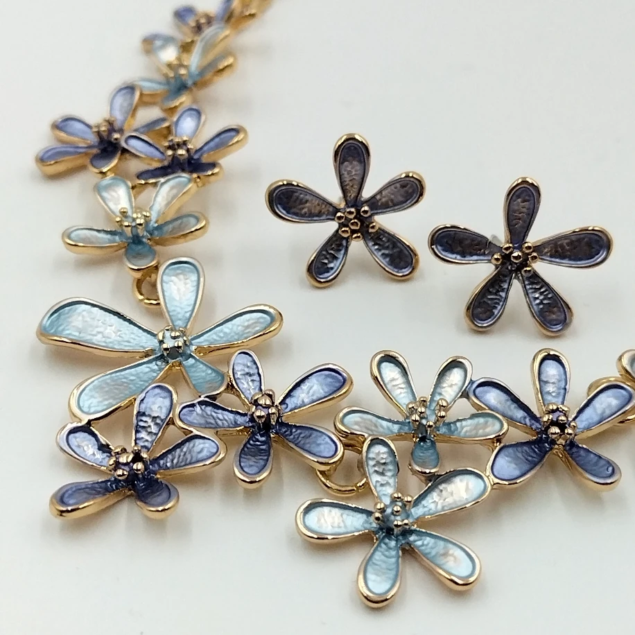 Gold Sedefli Mavi Yeşil Çiçek Kolye Küpe Takım image