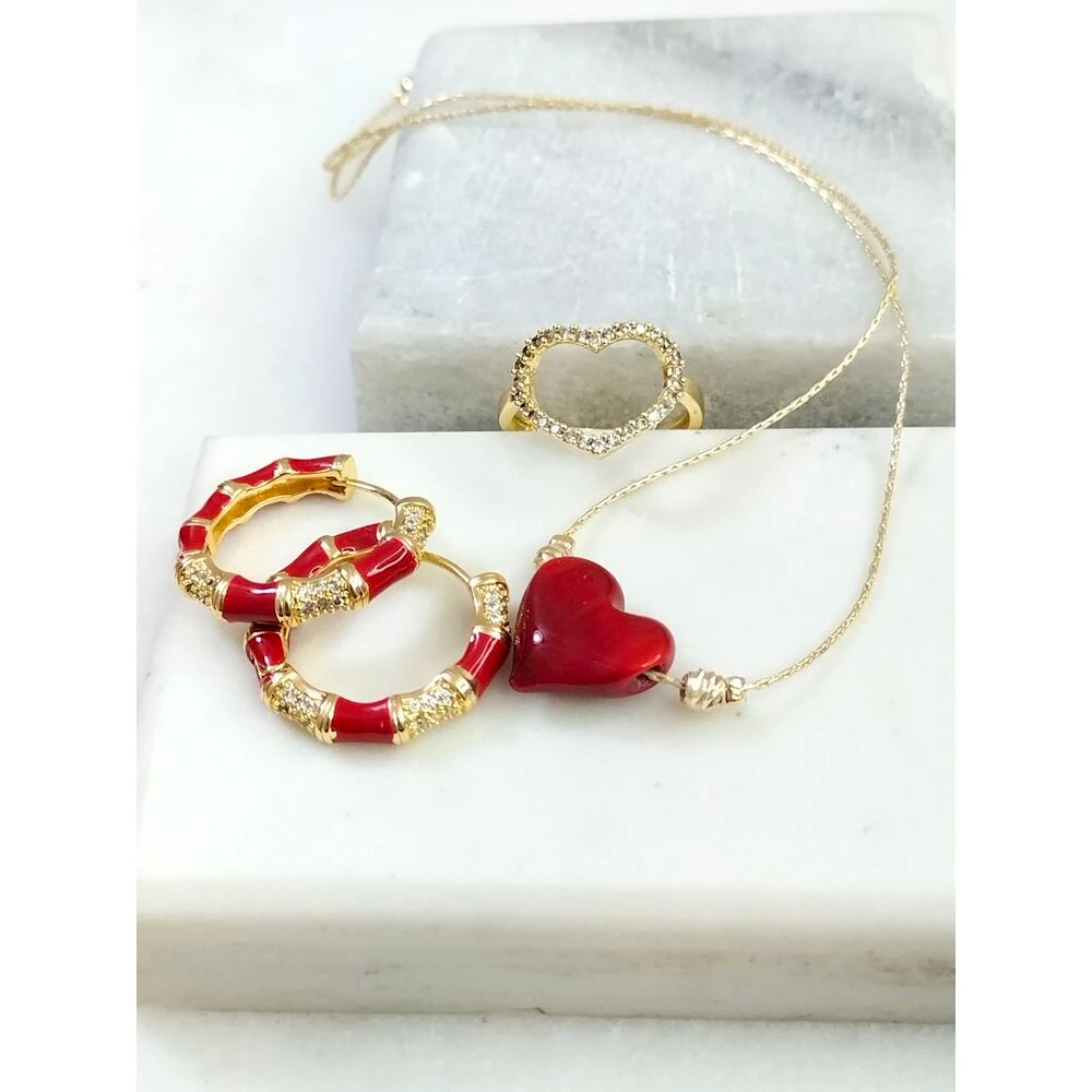 Gold Kırmızı Kalp Kolye Küpe Yüzük Takım
