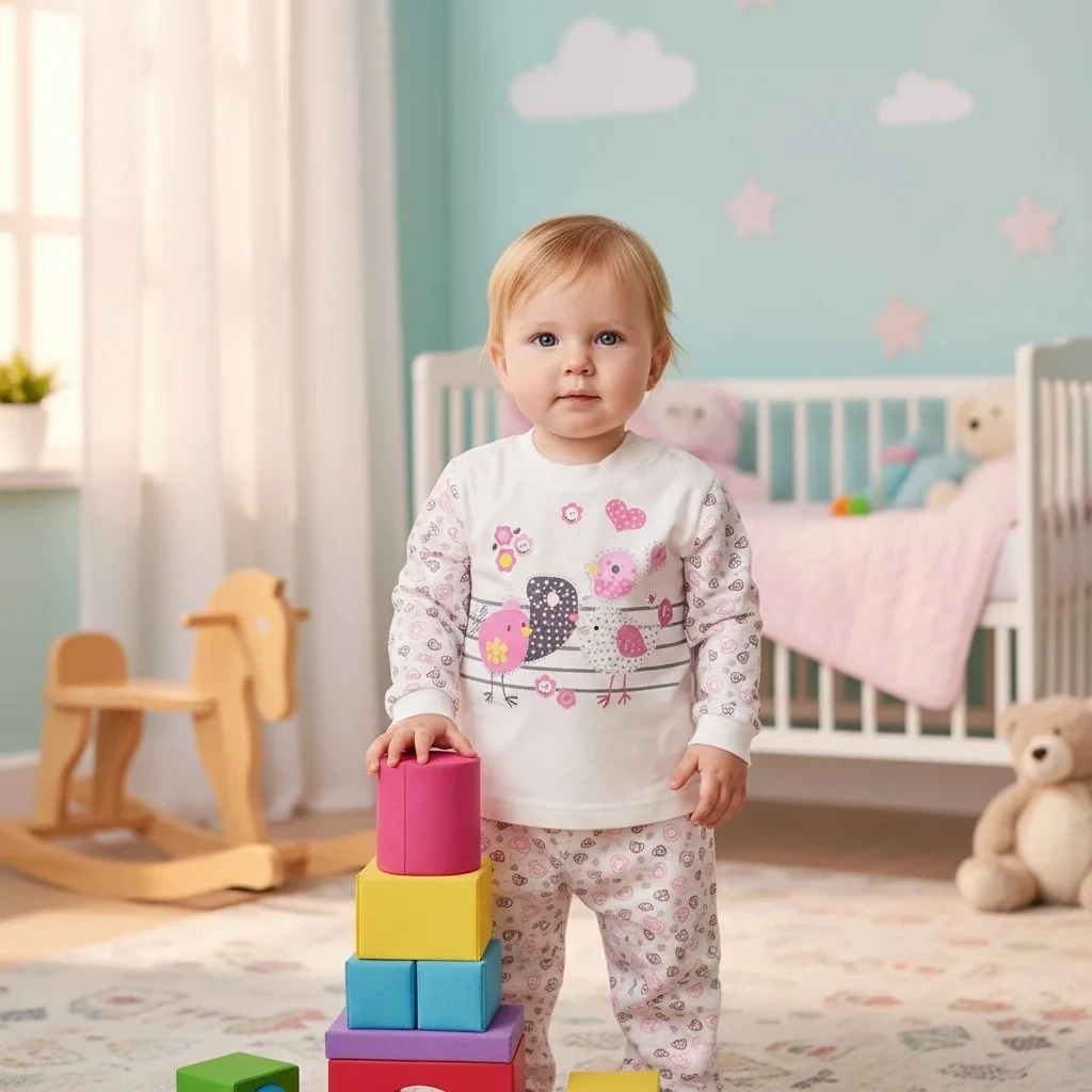 Kuş Baskılı Kalpli İkili Kız Bebek Takım