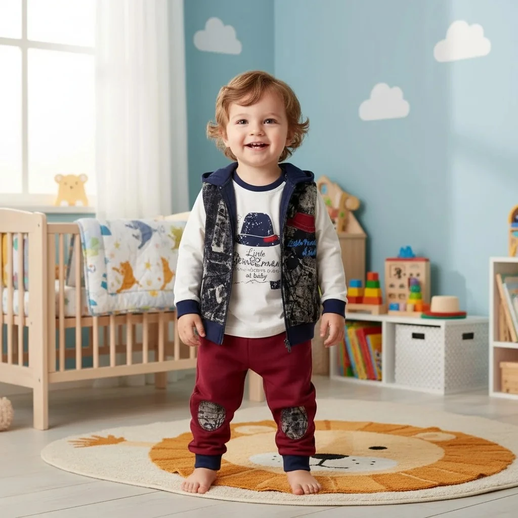 Desenli Şişme Yelekli Üçlü Erkek Bebek Takım