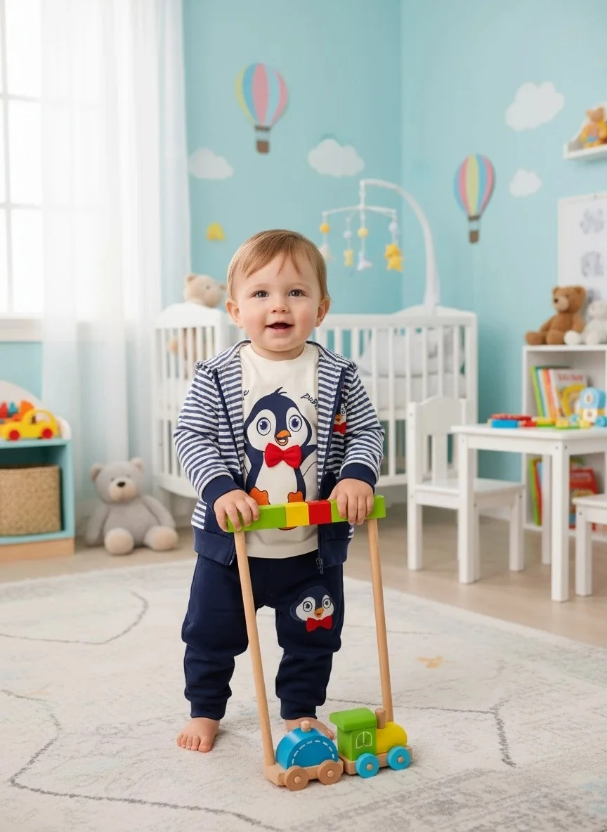 Penguen Desenli Kapüşonlu 3'lü Bebek Takım