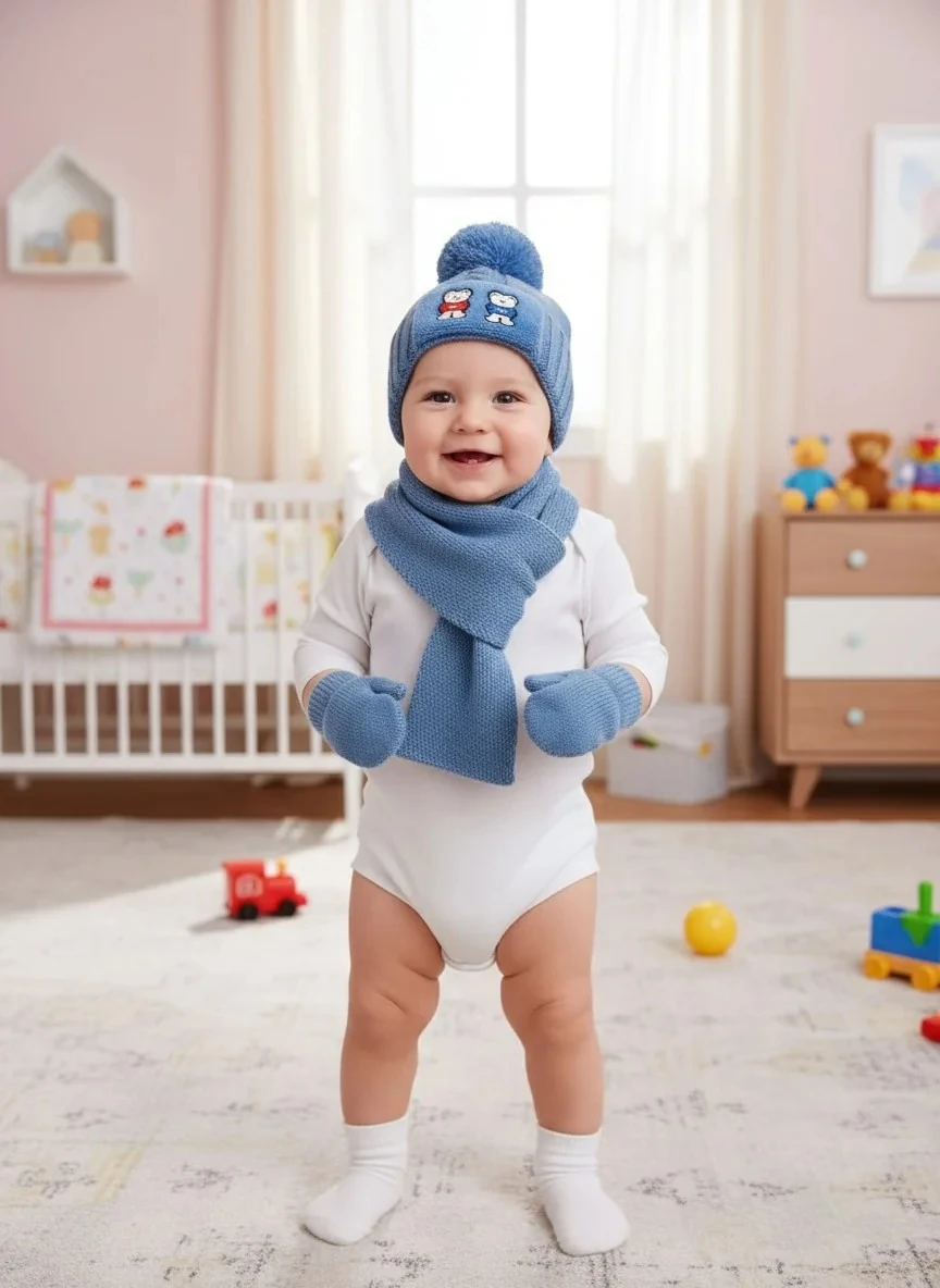 Atkı Bere Eldiven Üçlü Yeni Doğan Erkek Seti - Mavi