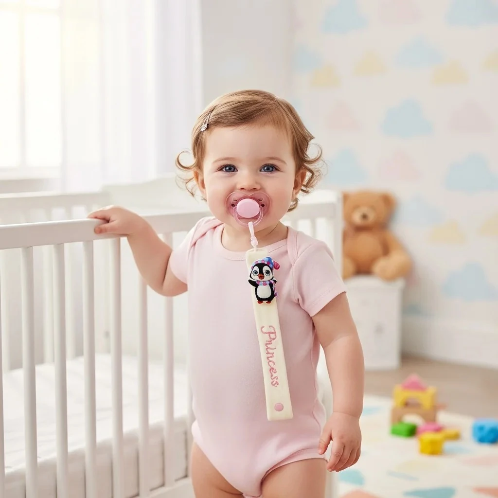 Penguen Detaylı Kız Bebek Emzik Askısı