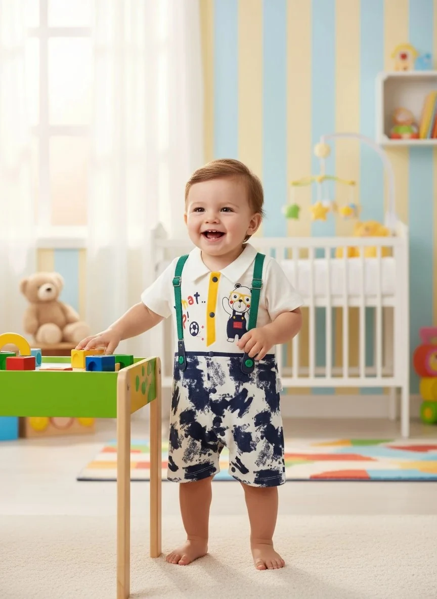 Yeşil Askılı Ayıcık Desenli Polo Yaka Erkek Bebek Tulum