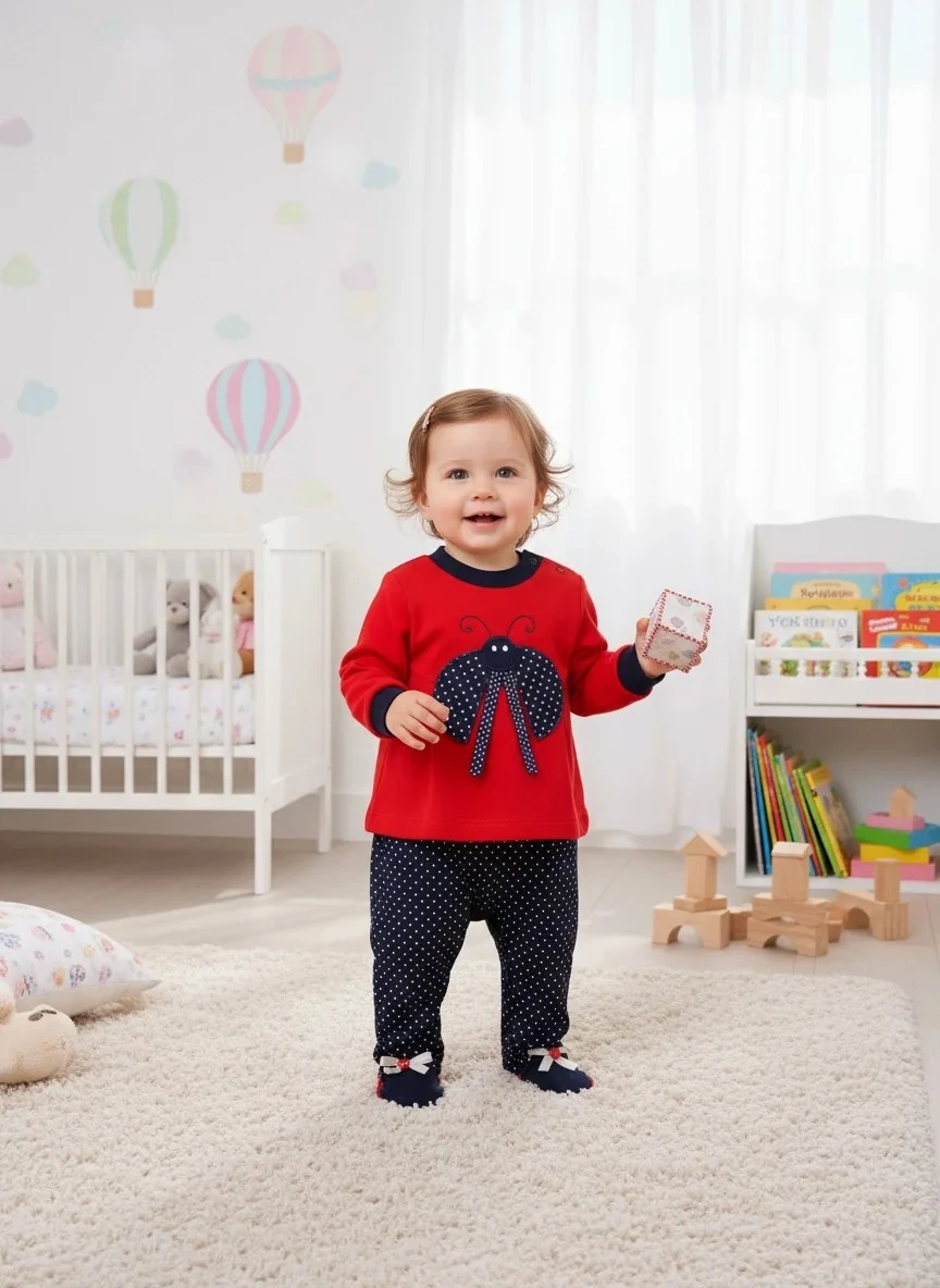 Uğurböceği ve Puantiyeli Uzun Kollu Kız Bebek Tulum