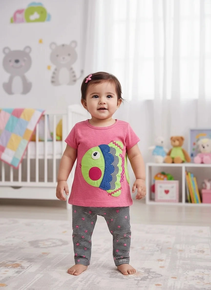 Sevimli Balık Desenli Pembe Kız Çocuk Takım