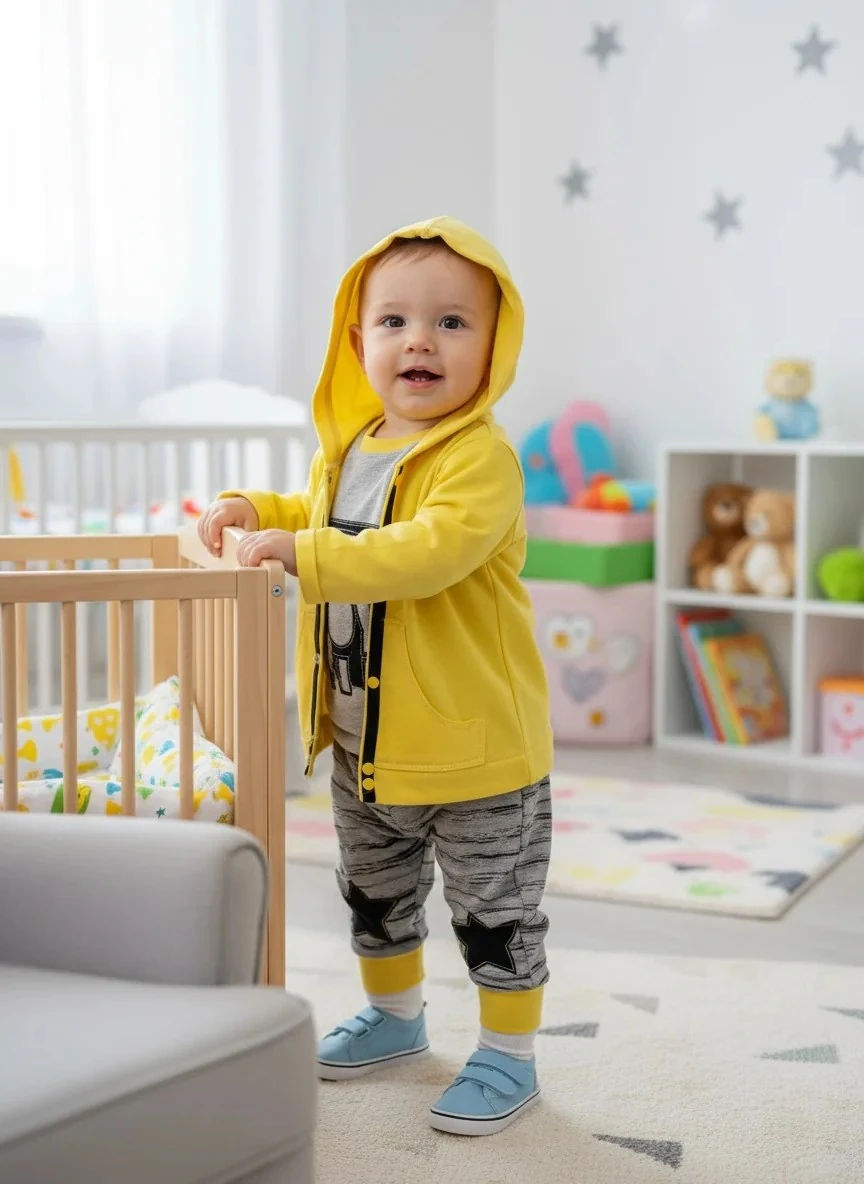 Uzun Kollu Kapüşonlu Yıldız Desenli Erkek Bebek Takım