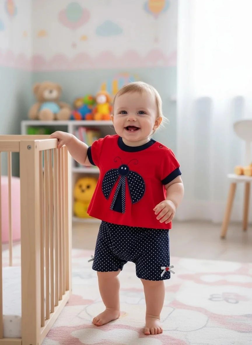 Uğurböceği Desenli Yarım Kollu Kız Bebek Şort Tulum