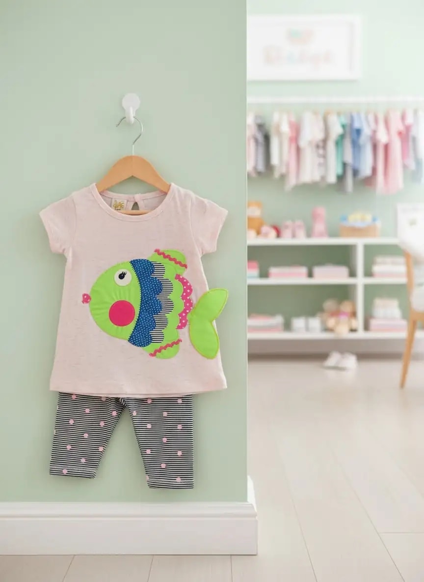 3 Boyutlu Balık Desenli Tişört ve Pembe Puantiyeli Pantolon Kız Takımı