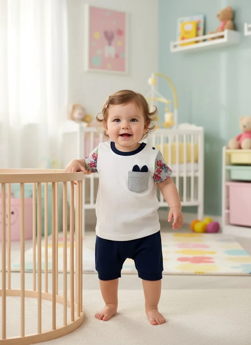 Çiçek Kollu Tavşan Kulaklı Kız Tişört ve Şort Takımı - Lacivert