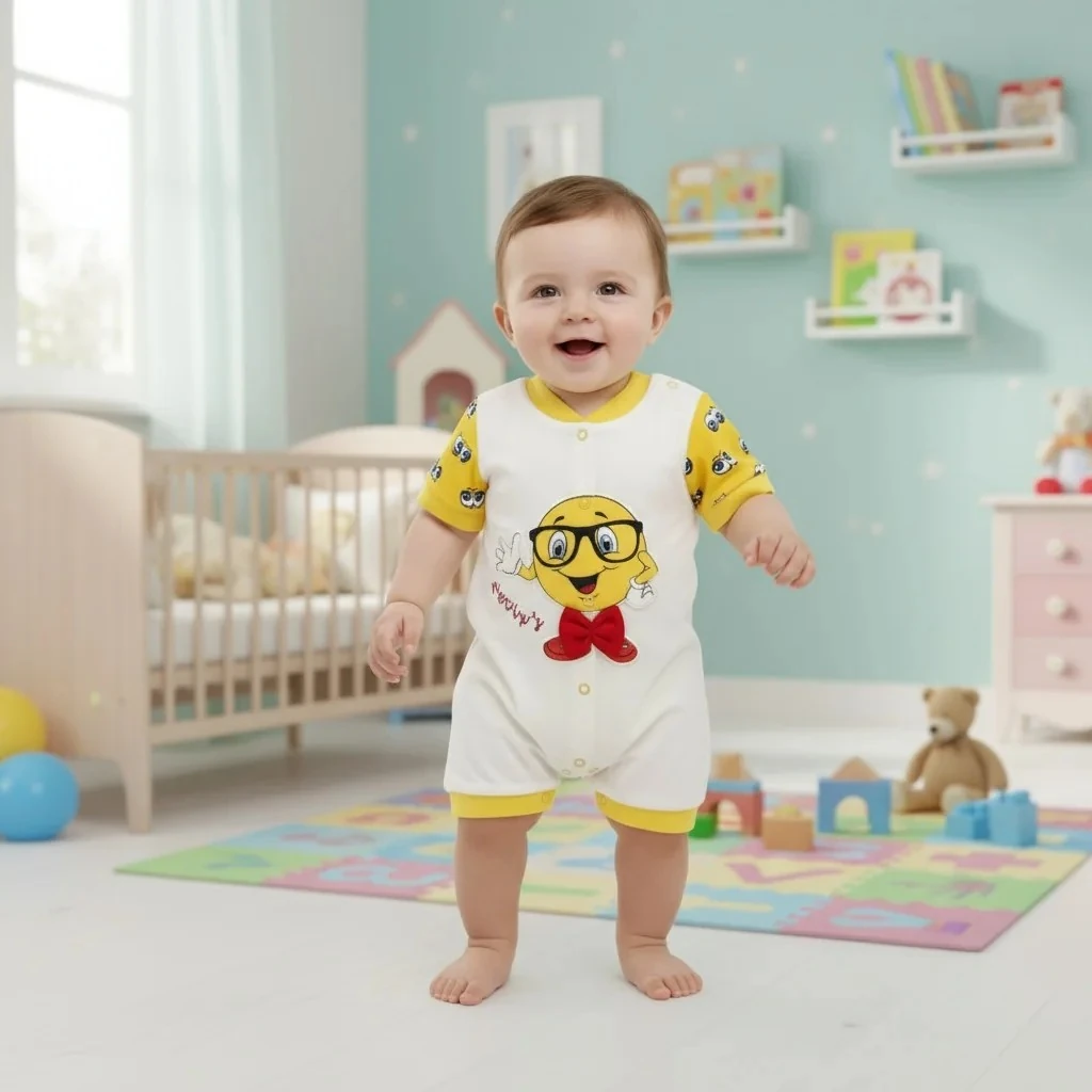 Emoji Baskılı Yazlık Erkek Bebek Tulum