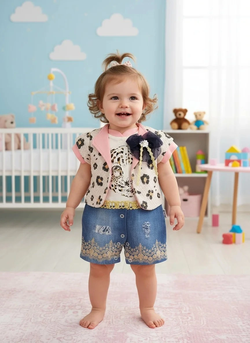 Çiçek Desenli Tüllü Kot Şort Kız Bebek Tulum