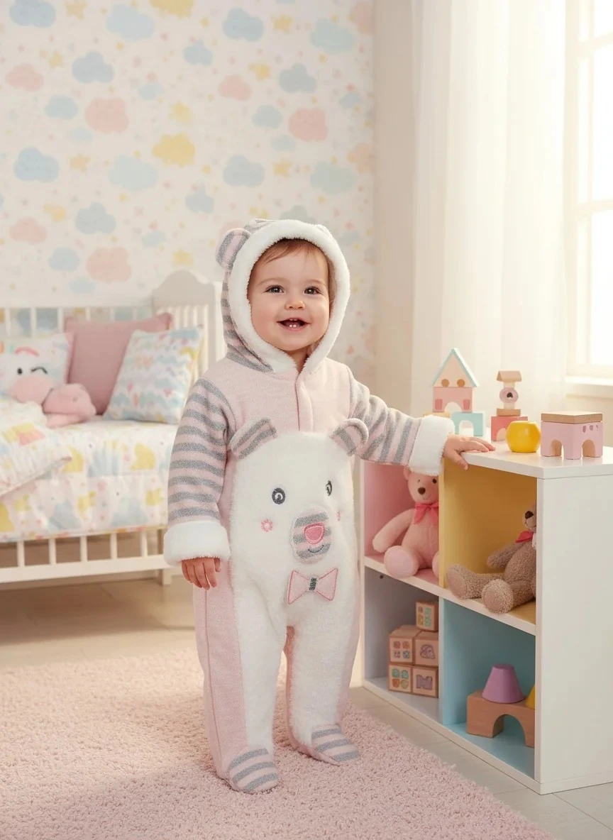 Pofuduk Ayıcık Desenli Kışlık Kız Bebek Tulum