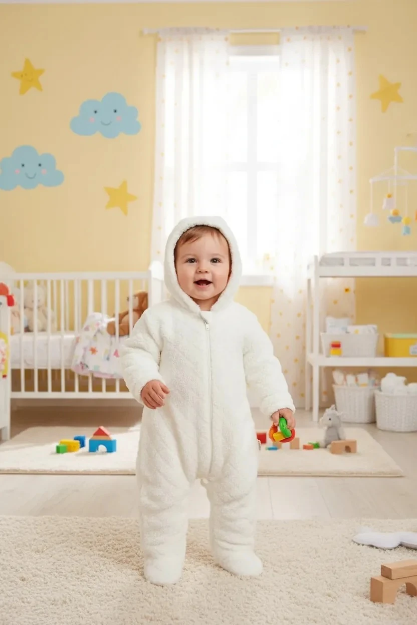 Baklava Desenli Yumoş Kozmonot Tulum - Beyaz