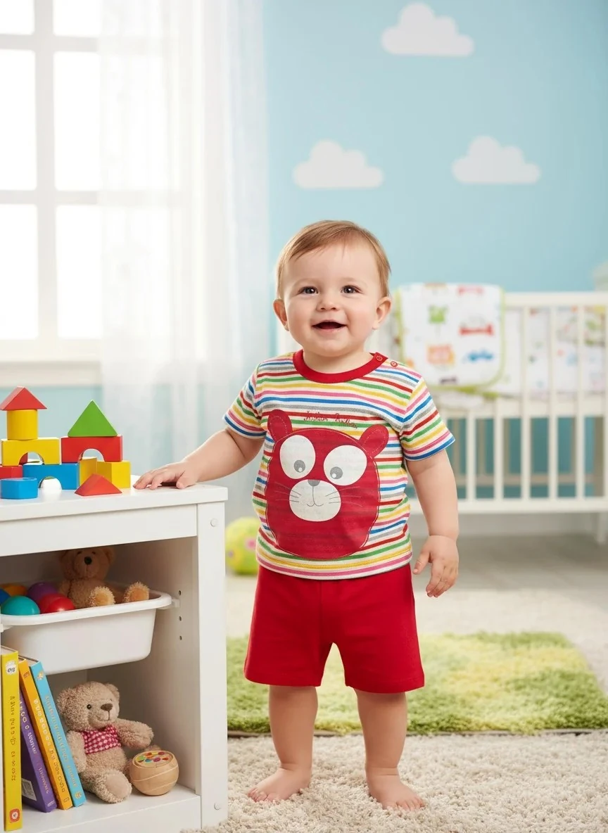 Ayıcık Figürlü Renkli Çizgili Erkek Tişört & Şort Takımı - Kırmızı