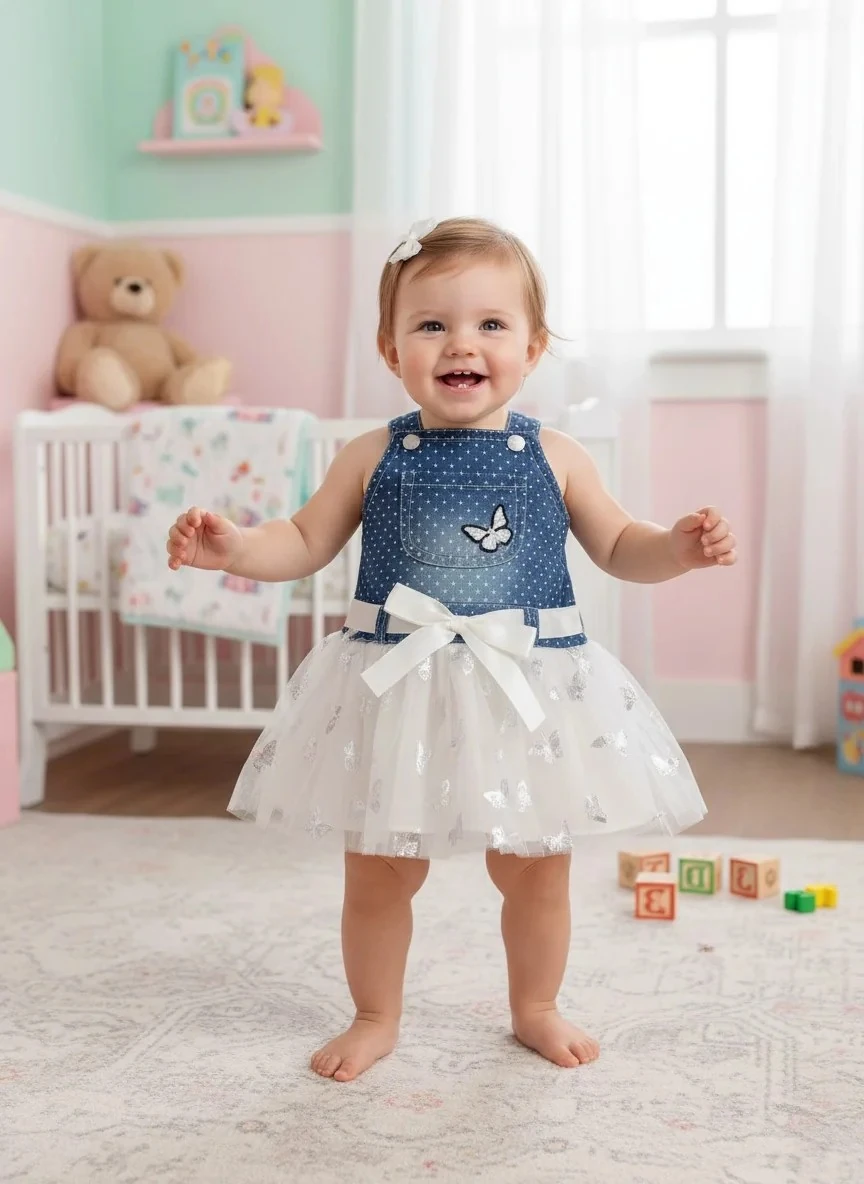 Puantiyeli Kelebek Varaklı Tül Etekli Kız Elbise