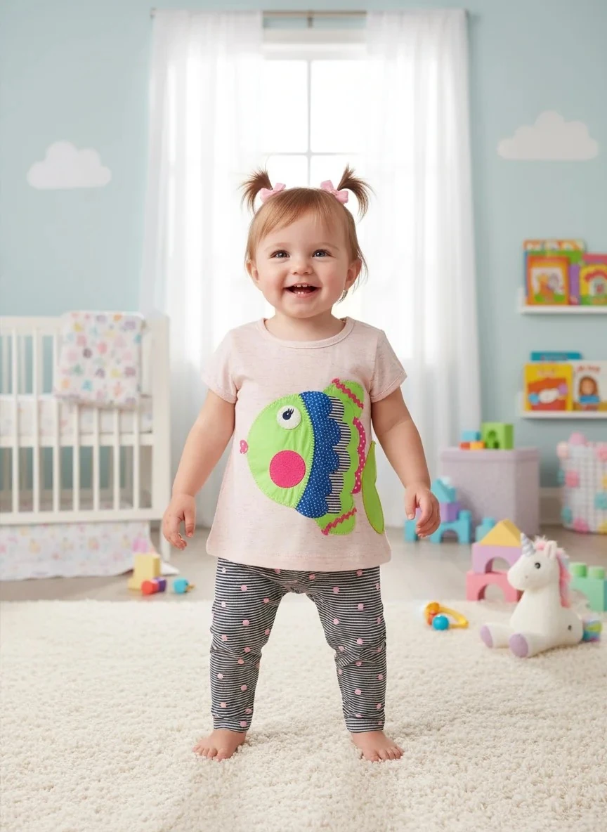 3 Boyutlu Balık Desenli Tişört ve Pembe Puantiyeli Pantolon Kız Takımı