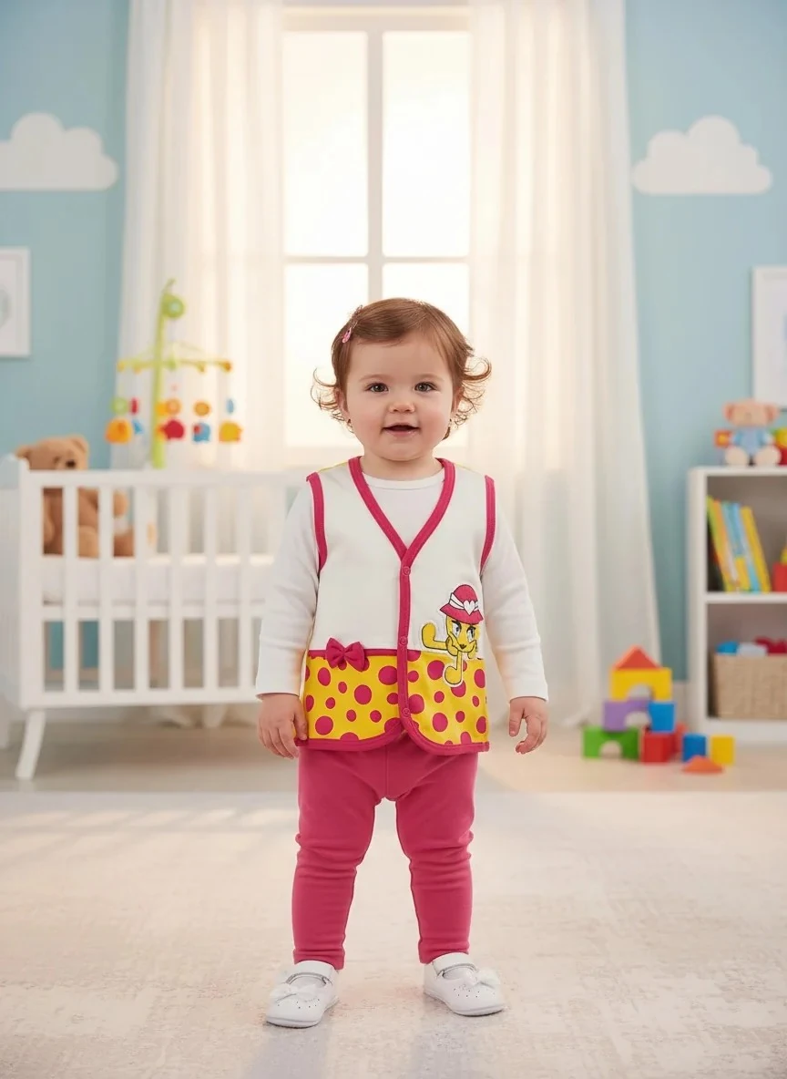 Pembe Puantiyeli Emojili Kız Bebek Yelek