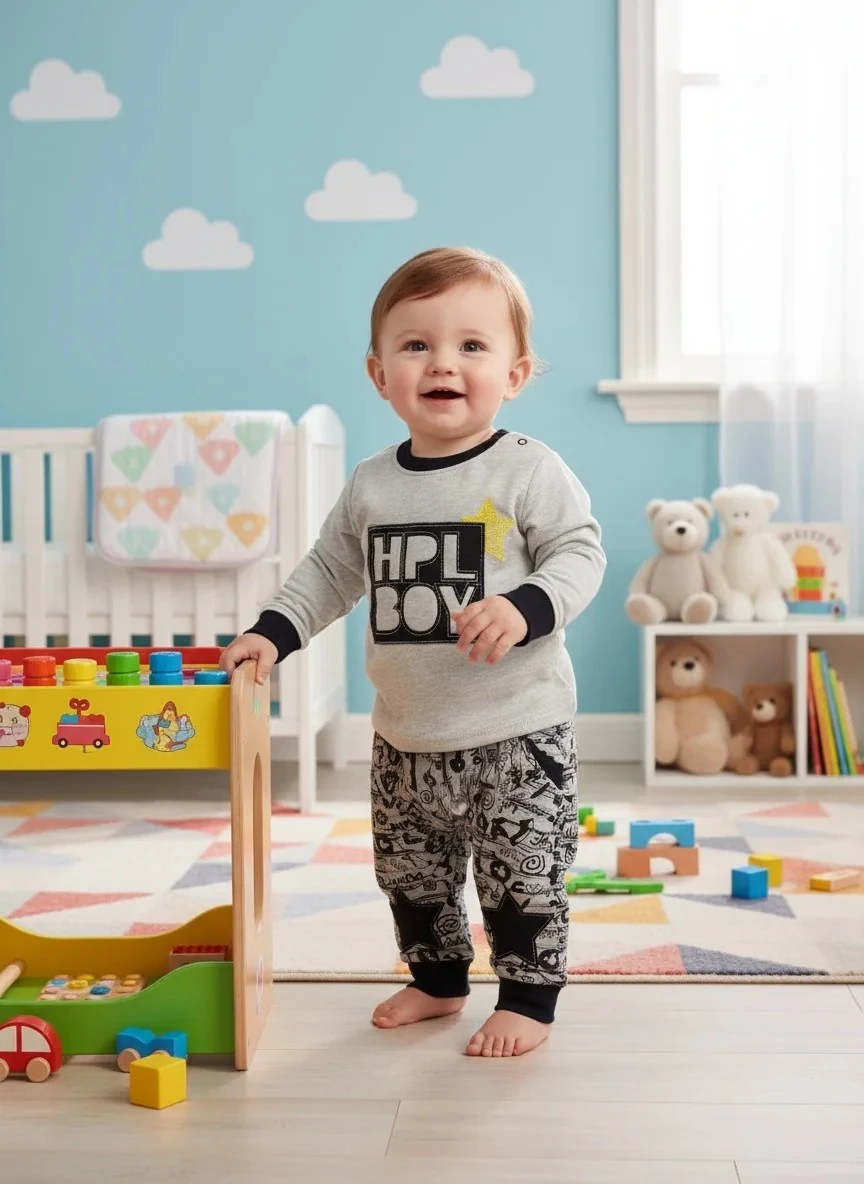 Uzun Kollu Kapüşonlu Yıldız Desenli Erkek Bebek Takım - Siyah