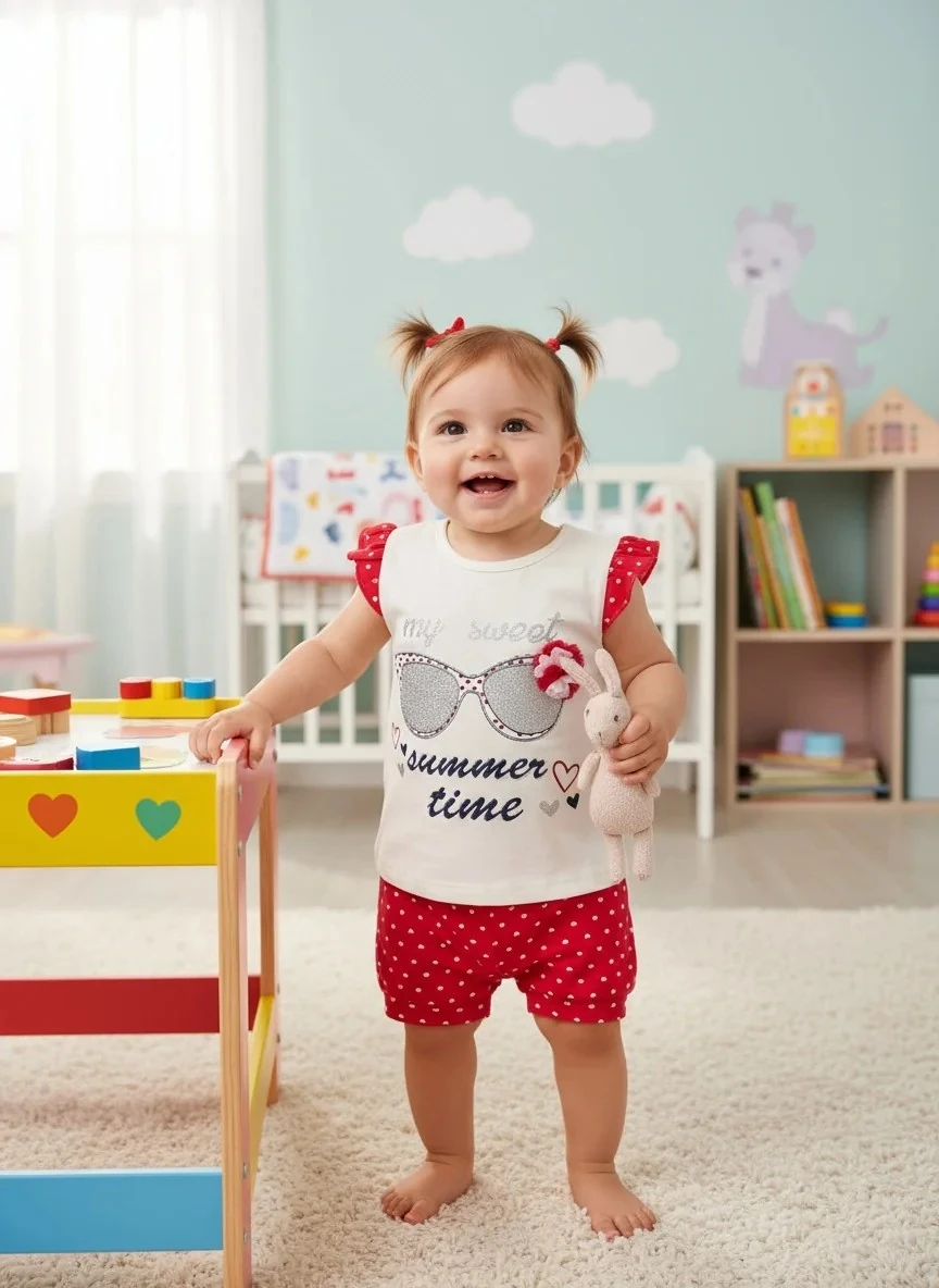 Summer Time Kalp Desenli Kız Şort ve Tişört Takımı