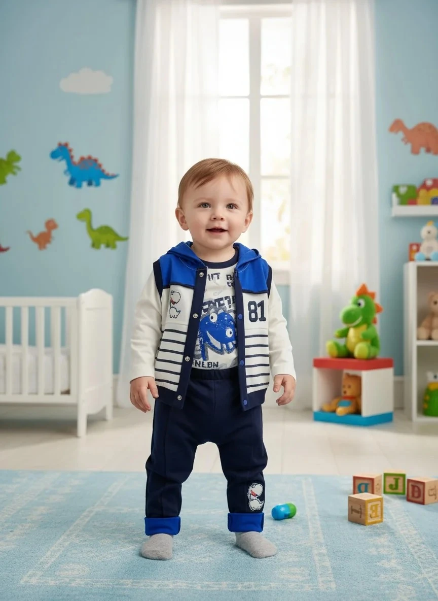 Kolsuz Kapüşonlu Mavi Erkek Bebek Takım