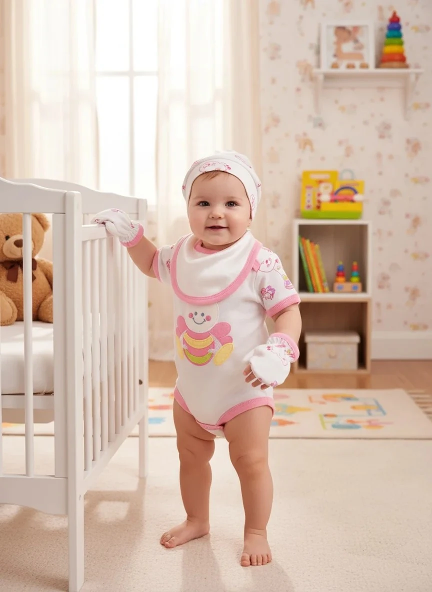 İpeksi Pembe Arılı Beyaz Yenidoğan Hastane Çıkış Seti