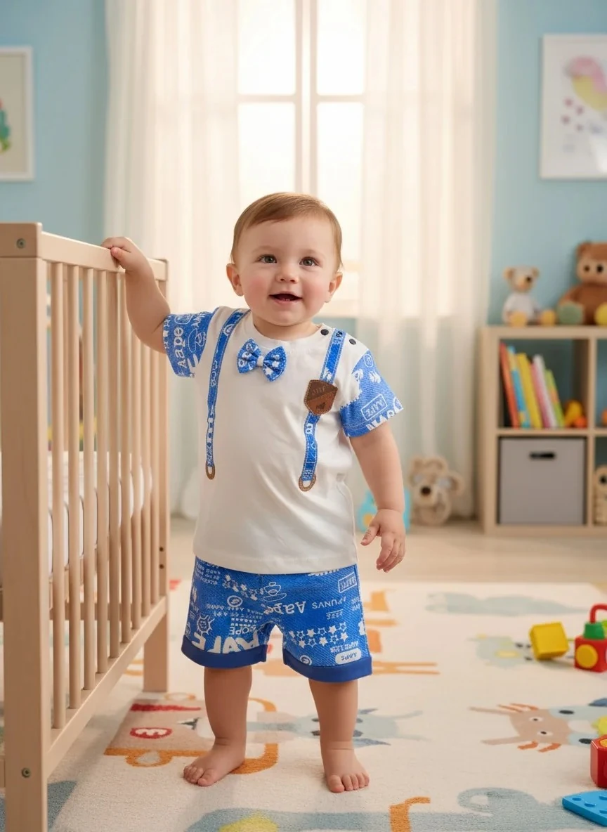 Papyon ve Askı Desenli Erkek Tişört & Şort Takımı