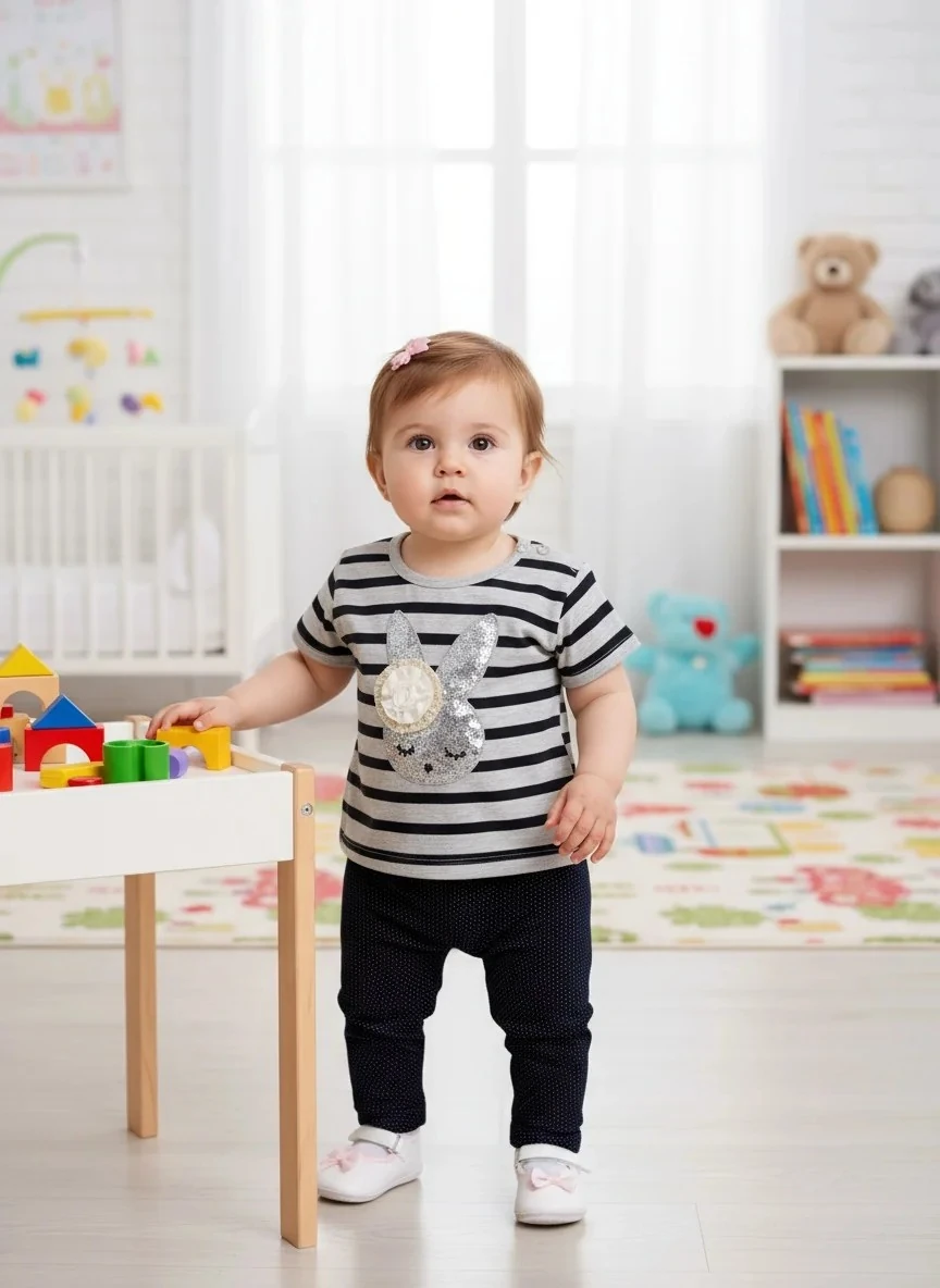 Tavşan Desenli Gri Çizgili Kız Bebek Takım