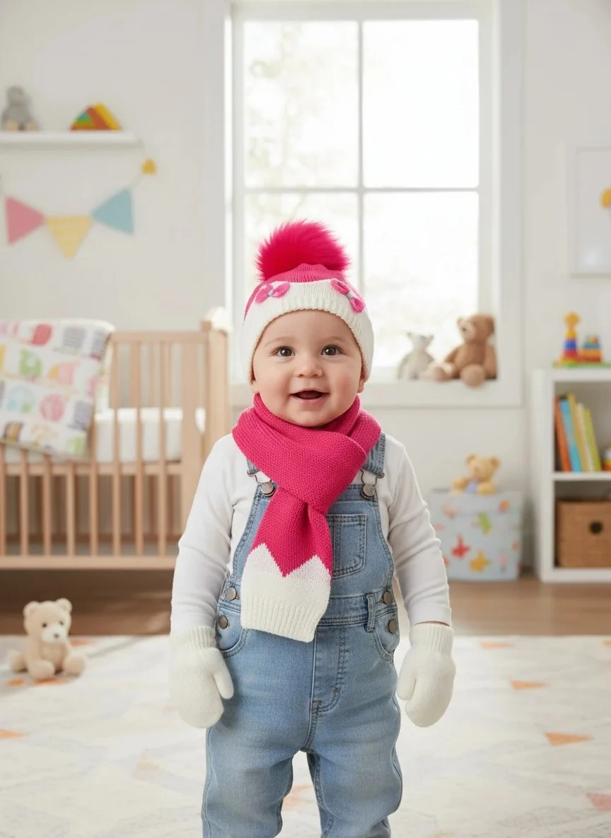 Atkı Bere Eldiven Üçlü Yeni Doğan Kız Seti - Pembe