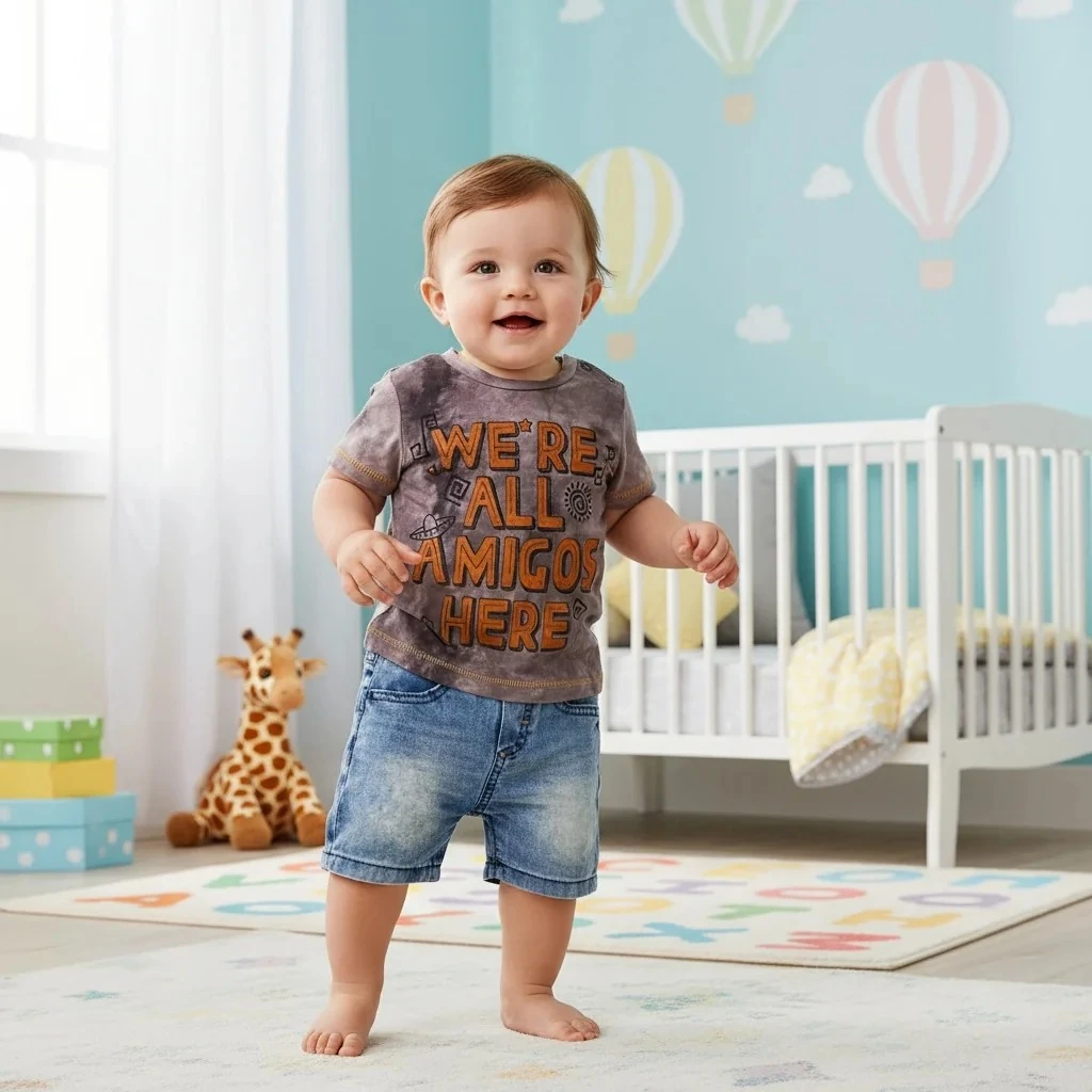 Hepimiz Arkadaşız Yazılı Tişört ve Cepli Kot Şort Erkek Takımı - Lila