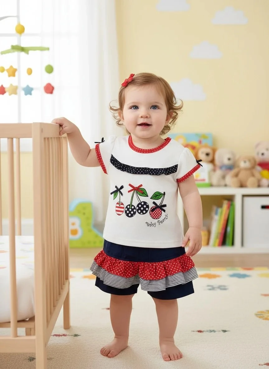 Puantiyeli ve Çizgili Kiraz Desenli Kız Bebek Şort Etek Takım