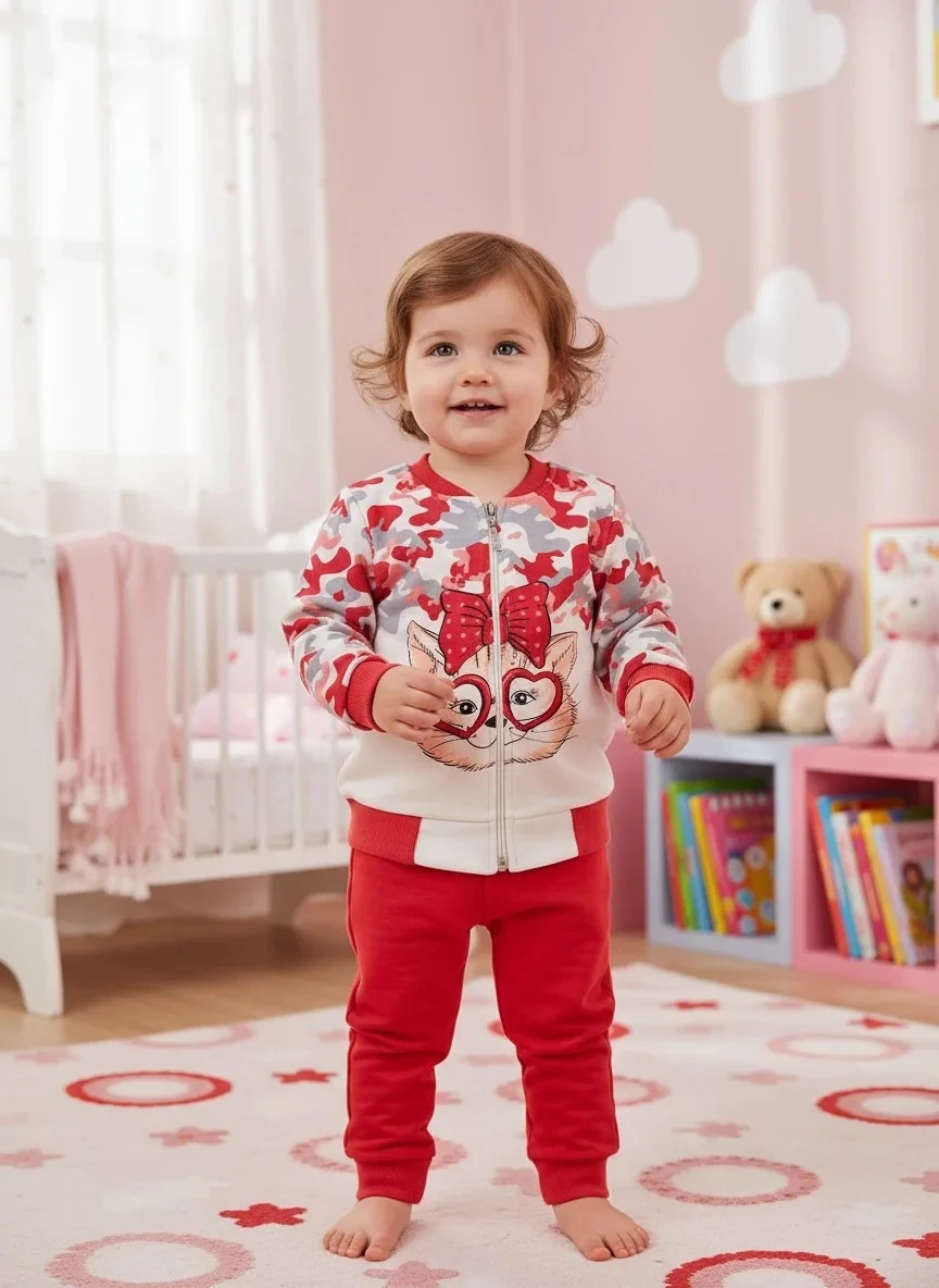 Kırmızı Kamuflaj Desenli Sevimli Kedi Fermuarlı Kız Takım
