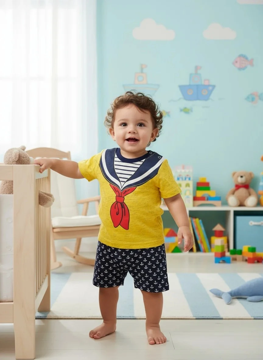 Kaptan Temalı Erkek Tişört ve Denizci Şort Takımı