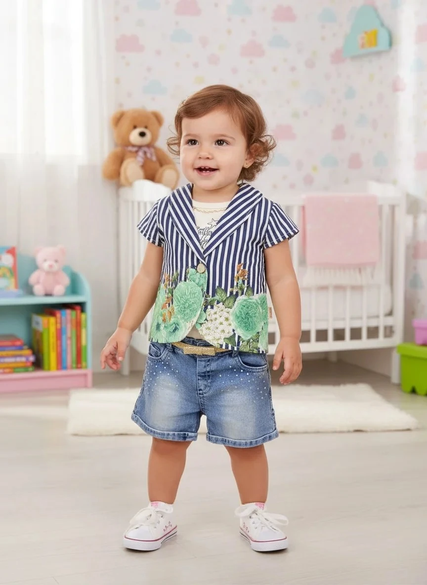 Çiçekli Çizgili Yelek ve Taşlı Kot Şort Kız Takımı