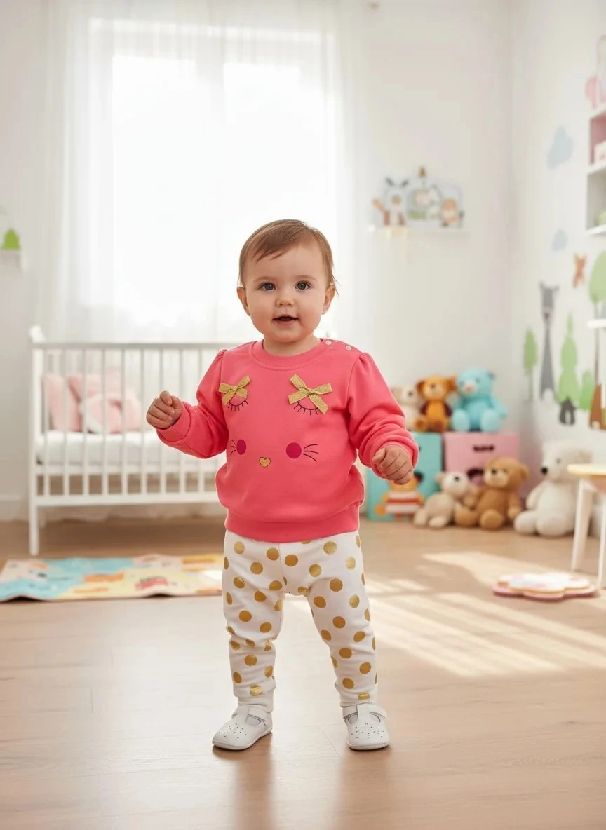 Pembe Kedicik Desenli Sweatshirt ve Puantiyeli Beyaz Pantolon Takımı