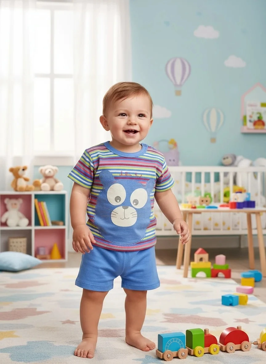 Ayıcık Figürlü Renkli Çizgili Erkek Tişört & Şort Takımı - Mavi