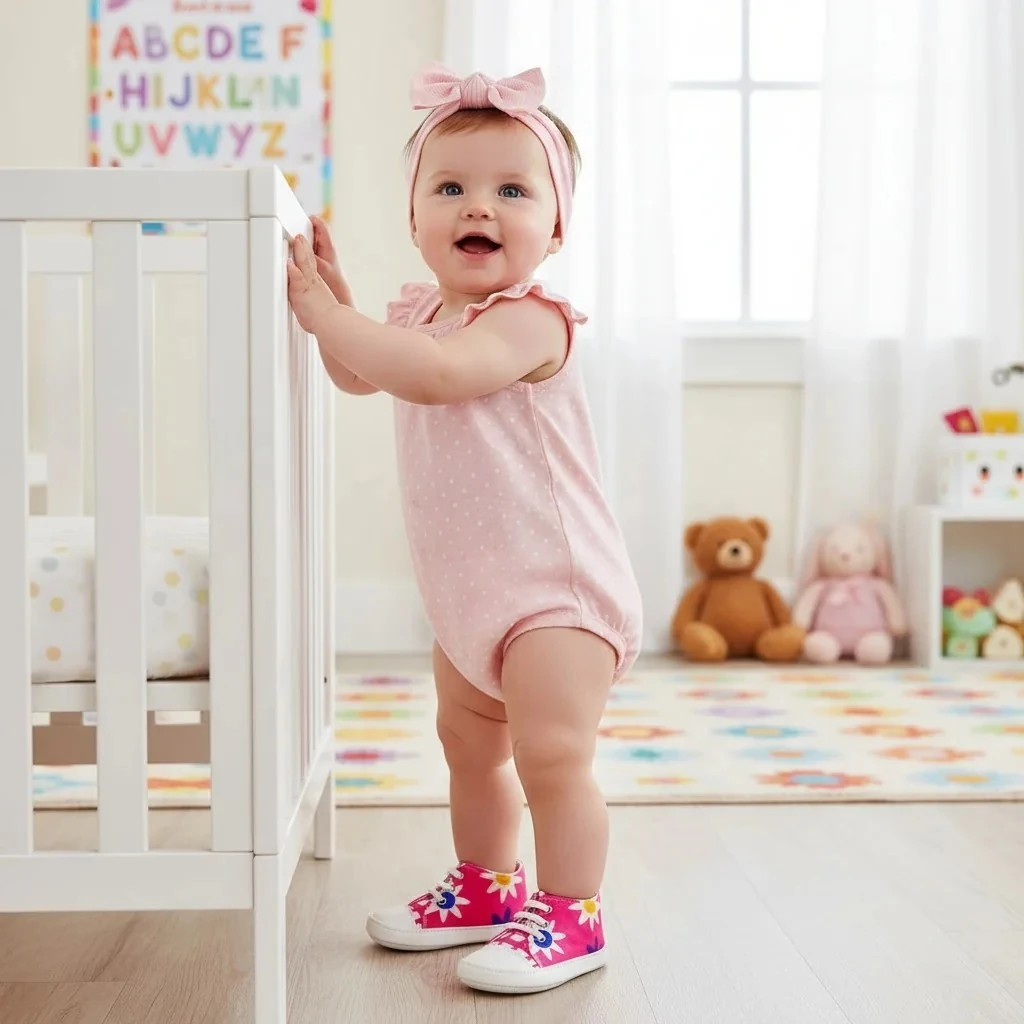 Çiçek Desenli İlk Adım Kız Bebek Ayakkabı - Nar Çiçeği